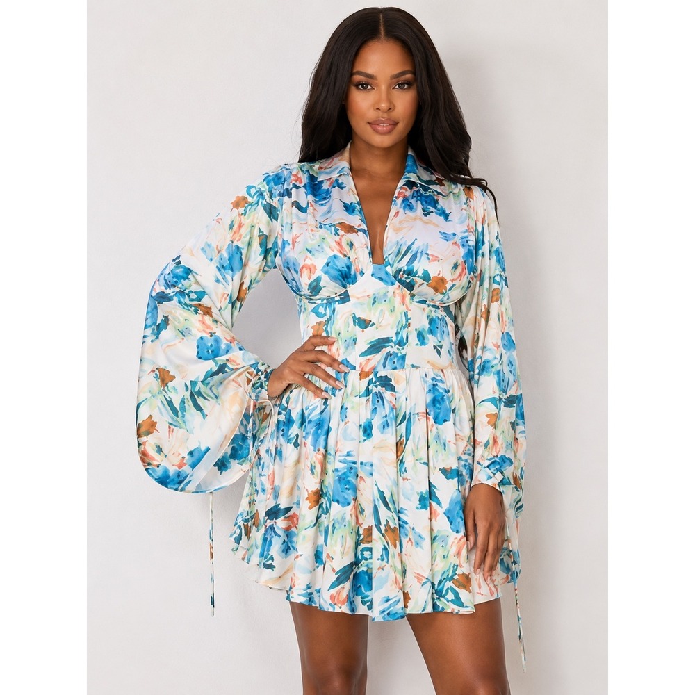 Rosevelvet Abstract Floral Mini Dress Blue Orange Cowl Back Bell Sleeve S NWT